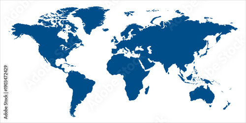 Simple blue world map silhouette on a white background for global concepts