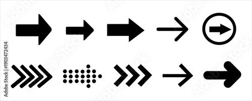 Collection of black arrow icons pointing right in various styles and sizes