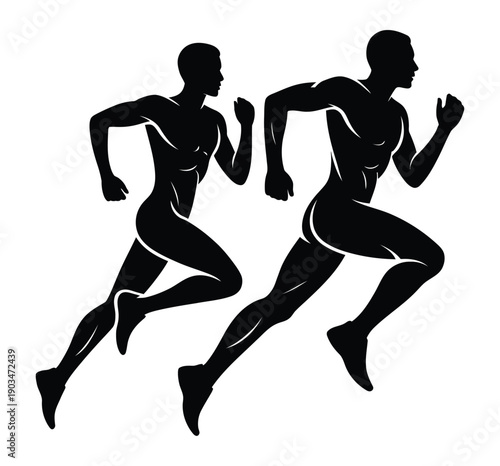Black silhouette vector illustration of two running men, sprinter and marathon runner, isolated on white