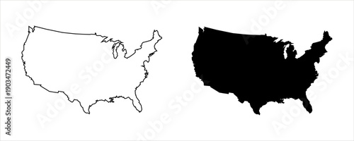 Outline and Silhouette Maps of the United States of America on White Background