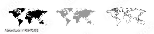 Collection of world maps in black, gray, and outline styles on a white background