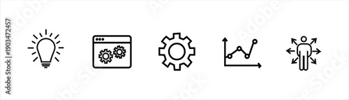 Business strategy icons: idea, development, process, growth, and outreach concepts