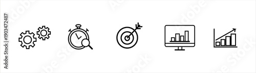 Business strategy icons: gears, stopwatch, target, computer graph, and growth chart