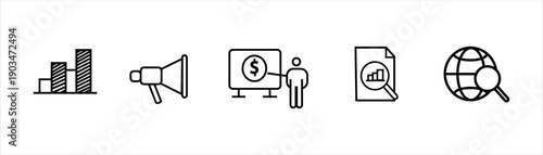 Business growth, marketing, presentation, analysis, and global search icons