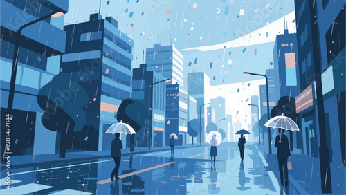 Illustration Of A Futuristic City With Rain Of Data Particles Falling From The Sky And People Wearing Umbrellas Vector Design Template