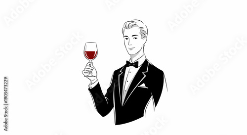 Stylish Gentleman in Formal Wear Holding Red Wine Glass, Minimalist Vector Art