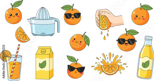 Cute orange juice illustration set featuring smiling fruit characters, squeezing hands, and fresh citrus drink elements in flat vector style