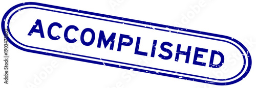 Grunge blue accomplished word rubber seal stamp on white background