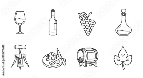 Wine and cheese icons set with bottle glass grapes