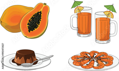 Papaya dessert and juice illustration set featuring fresh tropical fruit, drinks, and sweet food presentation in flat vector style