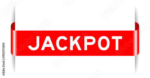 Red color inserted label banner with word jackpot on white background