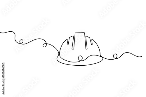 Safety hard hat symbol created with continuous line art in a minimalist vector style on white
