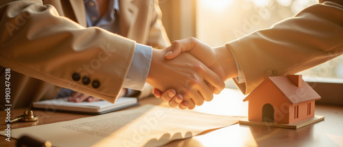 Professional handshake symbolizes agreement and partnership in real estate transaction, with miniature house model representing property