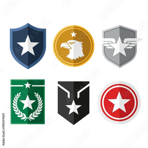 Collection of Military Badges and Emblems with Stars and Eagle