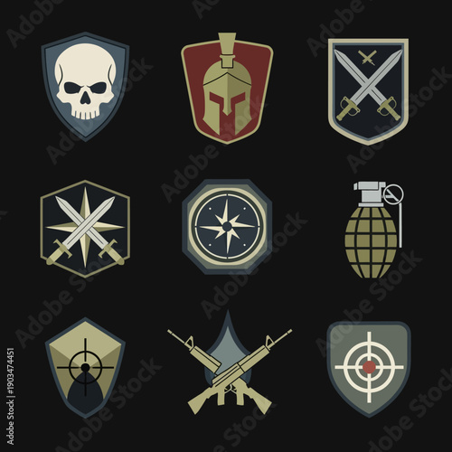 Military Emblems Set: Skull, Helmet, Swords, Compass, Grenade, Guns, Targets