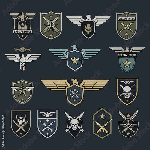 Military Emblems Set: Special Forces, Eagles, Shields, Crossed Swords & Rifles