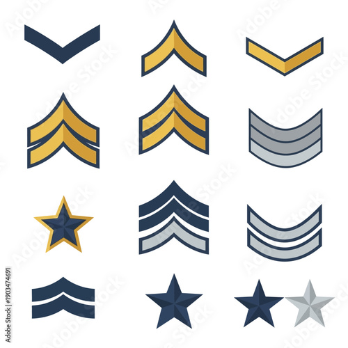 Military Rank Insignia Collection: Chevrons and Stars in Blue, Gold, and Silver