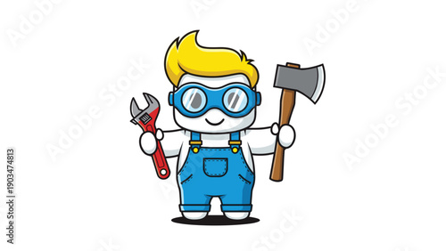 Cute handyman mascot character in overalls and goggles holding a wrench and an axe, a versatile logo for repair and building services.