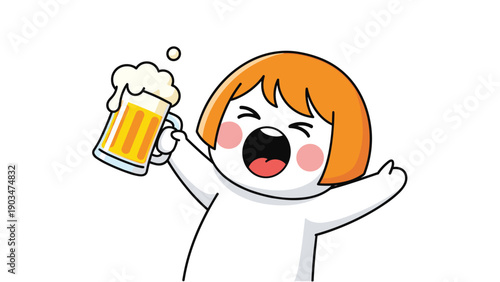 Cheerful cartoon character with orange hair celebrating and raising a frothy mug of beer, isolated on a white background.