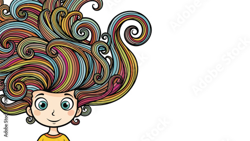 Whimsical cartoon illustration of a happy young girl with large, flowing, and vibrant multi-colored curly hair design.