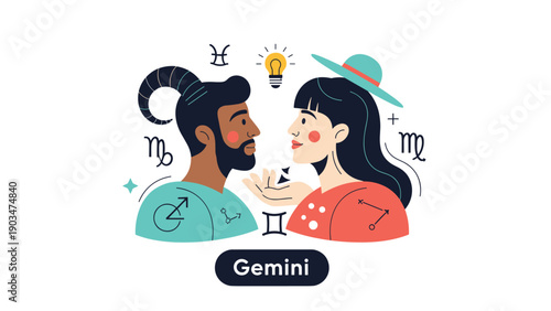 Astrological illustration for the Gemini zodiac sign showing a diverse couple surrounded by celestial and zodiac symbols.