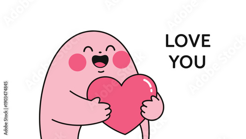 Adorable pink cartoon character hugging a big heart with a happy expression and the romantic message 'love you' beside it.