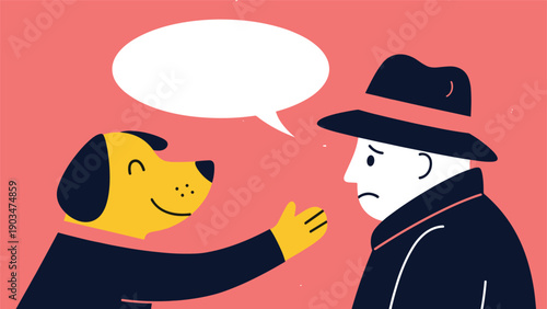 An anthropomorphic dog in a suit comforting a sad and dejected man, with a blank speech bubble for a supportive message.