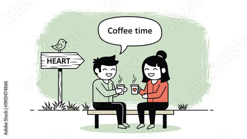 Happy cartoon couple enjoying a romantic coffee time date while sitting on a park bench next to a heart signpost.