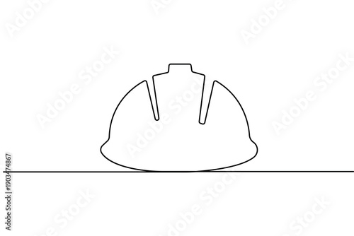 Safety hard hat symbol created with continuous line art in a minimalist vector style on white