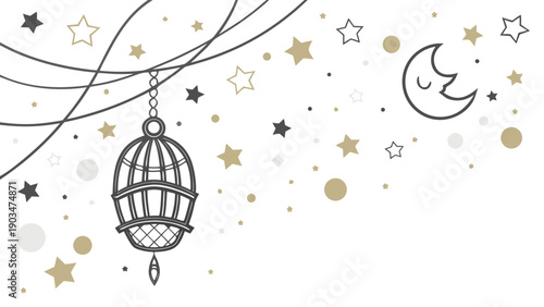 A detailed vector of a hanging lantern with stars, moon, and curves in a celestial scene