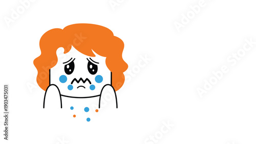A cartoon character with orange hair looking sick and sad, crying and throwing up colorful dots in distress.