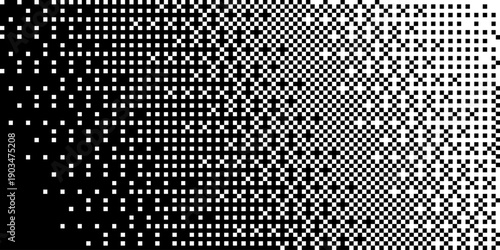Bitmap halftone banner background with a square dot pattern for retro graphics, glitch effects, digital art, posters, abstract backgrounds, tech design, and bitmap overlays. Vector illustration