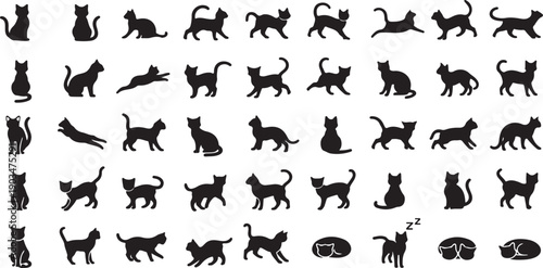 Cute Black Cat Silhouette Icons  Cartoon Vector Bundle