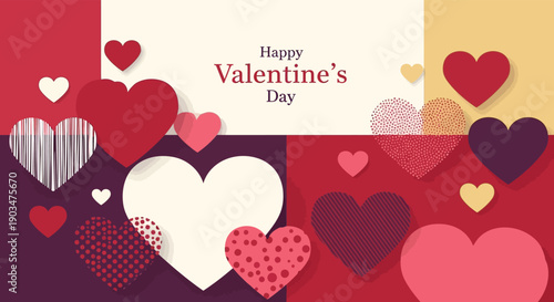 A colorful Valentine's Day card with various heart shapes and patterns on a multicolored background