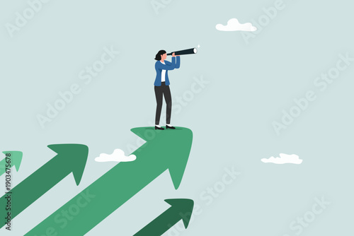 Business vision and target, businesswoman holding telescope standing on green arrow sign towards success in career.