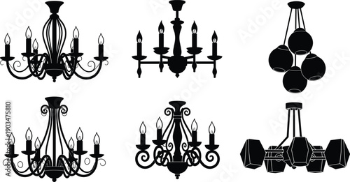 Chandelier and ceiling light silhouette collection featuring classic and modern lighting fixtures, ideal for interior design, home decor, luxury, and minimal style concepts