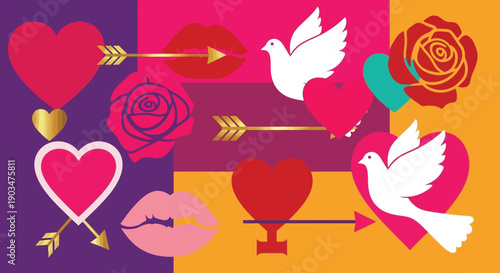 A colorful illustration of hearts, roses, and doves symbolizing love and romance in a vibrant graphic design.