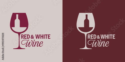 Wine Logo, Wine Glass And Bottle Symbol Red And White Color Elegant Winery Branding Alcohol Beverage Label Design