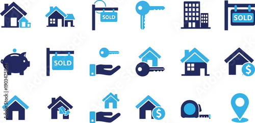 Real Estate Icon Collection: A comprehensive set of real estate icons in shades of blue and white, offering a range of symbols representing homes, keys, sold signs, and financial elements.