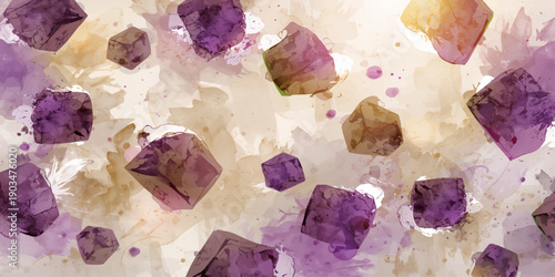 An abstract watercolor painting of a purple amethyst crystal gemstone features a macro texture of raw violet mineral stone isolated on a white nature background