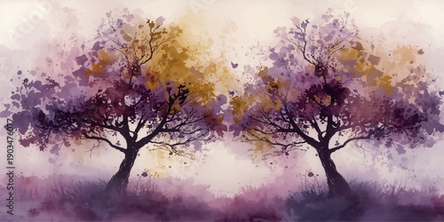 A beautiful winter nature landscape featuring the sun peeking through forest trees and mountain silhouettes amidst a purple morning mist and horizon fog