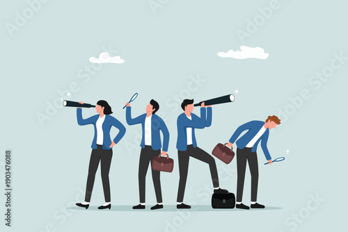 Looking for opportunities, finding a new job, inspection or research, SEO or analysis for optimization, inspection or looking for the future, career development concepts, businessman with binoculars.