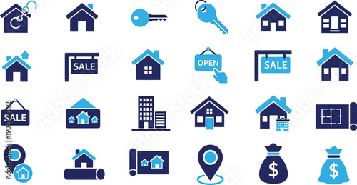 Real Estate Icons Collection: A comprehensive set of stylized real estate icons showcasing various aspects of property transactions, from house symbols to sale signs.