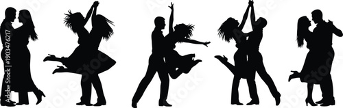 Dancing Couple Silhouette Set Showing Romantic Partner Dance Poses, Elegant Ballroom And Latin Dance Illustration In Black And White For Love And Celebration Themes