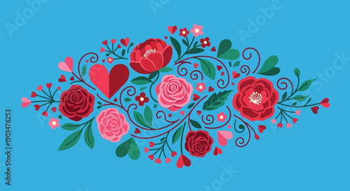 A vibrant floral illustration featuring roses and hearts on a blue background