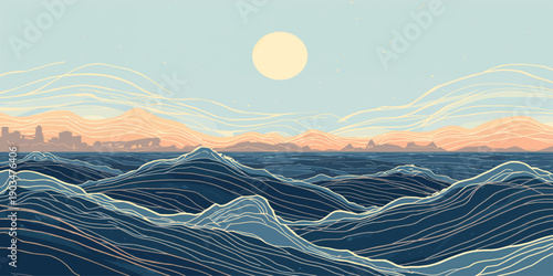 A breathtaking nature landscape panorama captures the golden sunlight of a sunrise and sunset over misty mountain peaks and snowy winter valleys under a cloudy blue horizon sky at dawn