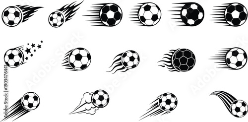Dynamic soccer ball motion icons in black and white, speed and movement illustration set for football design, sports branding, action graphics, and game visuals