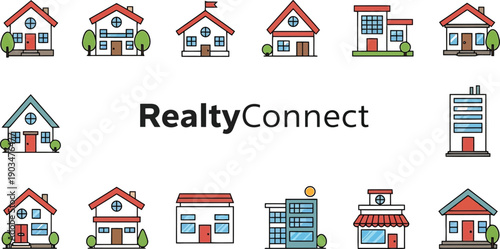 RealtyConnect House Collection: A diverse array of charming houses showcases various architectural styles, presented around a logo to symbolize home, community, and real estate