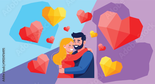 A happy couple embracing each other with colorful hearts floating around them in a vibrant and playful atmosphere.