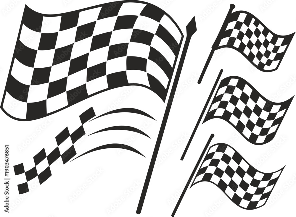 Fototapeta premium Checkered Flags of Victory: A dynamic composition of checkered flags, each waving triumphantly, symbolizes the thrilling conclusion of a race, representing the culmination of speed, strategy.